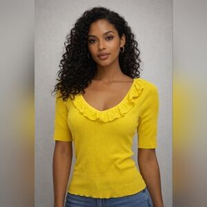INC International Concepts Women's Bright Yellow Ruffle 3/4 Sleeve Ribbed Tee